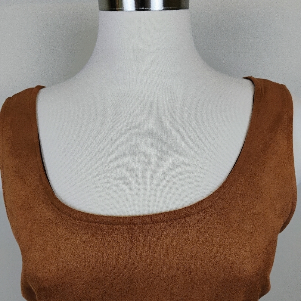 Haute Monde Sleeveless Mini Sheath Dress Size L (Jrs) Cinnamon Brown Faux Suede - Picture 5 of 13
